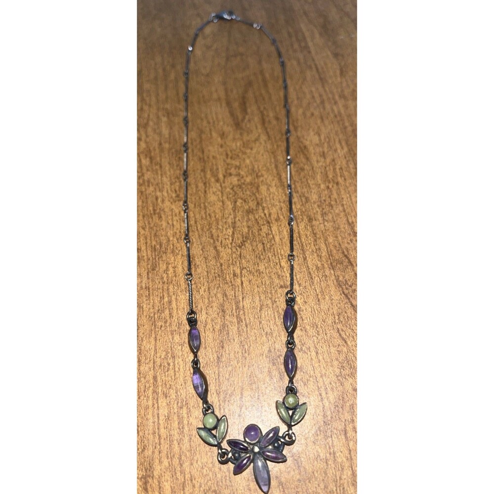 Vintage Sterling Silver Amethyst & Jade Cabochon Chain Necklace 11.6 Grams